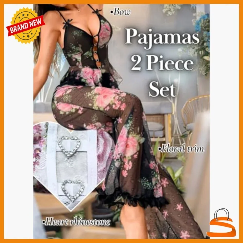 Sheer Mesh Pajama Set with Rhinestone Cami & Ruffle Pants, Romantic Floral